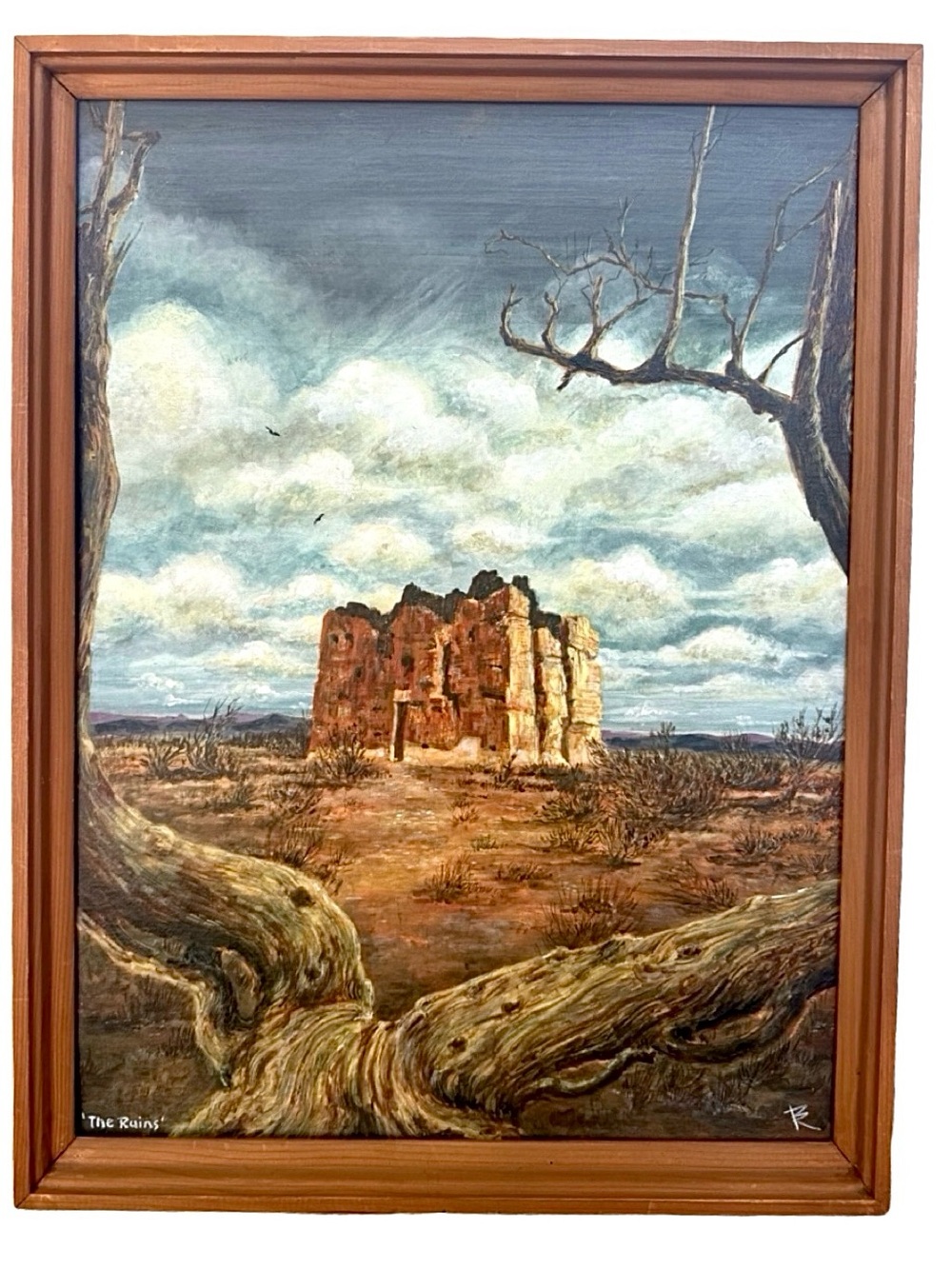 Vintage Oil Painting “The Ruins” Desert Landscape Rustic Wood Framed Signed